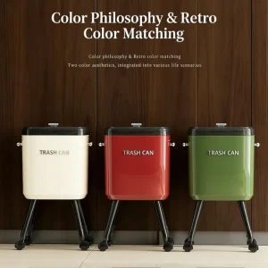 A retro high-top rolling trash can