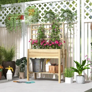 Wooden Raised Planter Box with Trellis